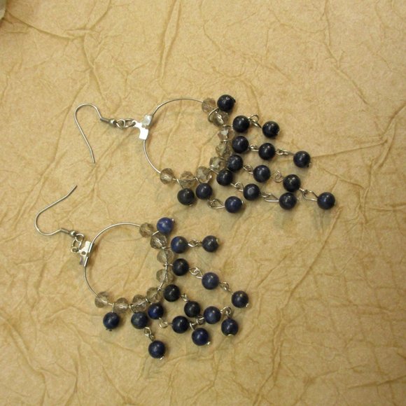 Etruscan Style Midnight Blue Silver Fringe Necklace Earrings Set Vintage - Picture 9 of 13